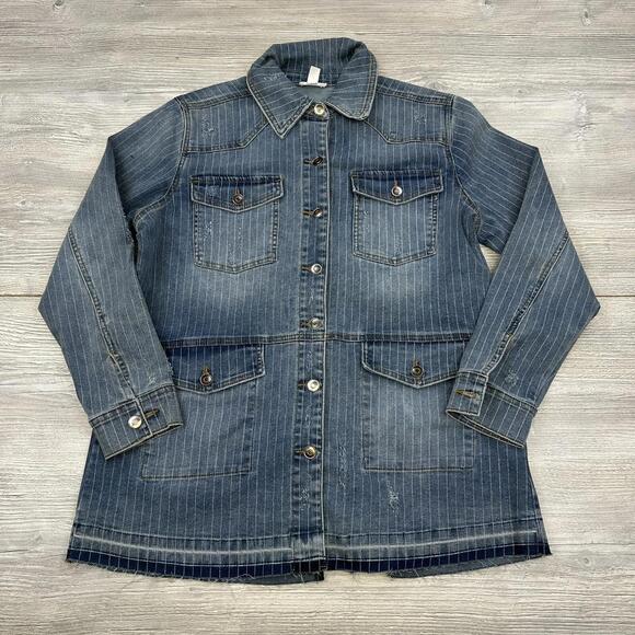 Tribal Jeans Denim Jacket Womens Medium Blue White Pinstripe Safari Distressed - Picture 1 of 7